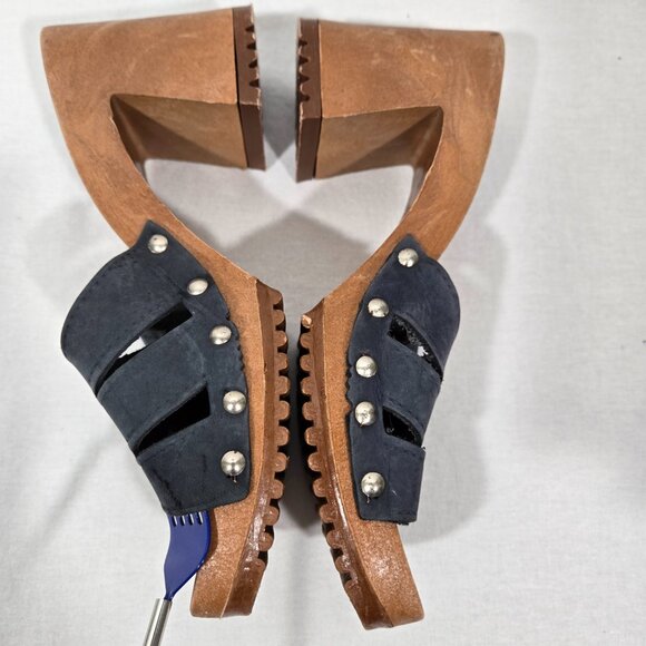 Vintage THE LEATHER COLLECTION Blue Leather Chunky Heels Platform Sandals Size 8 - Picture 8 of 17